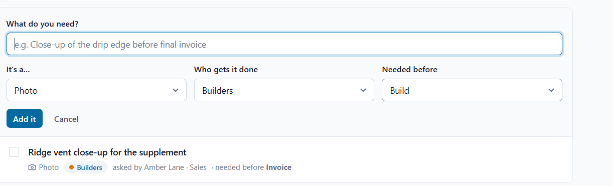The SkyCanvass field-request panel — a crew member asks for a specific roof photo and it lands as a tracked task assigned to the build team, so nothing gets missed before the job closes out.