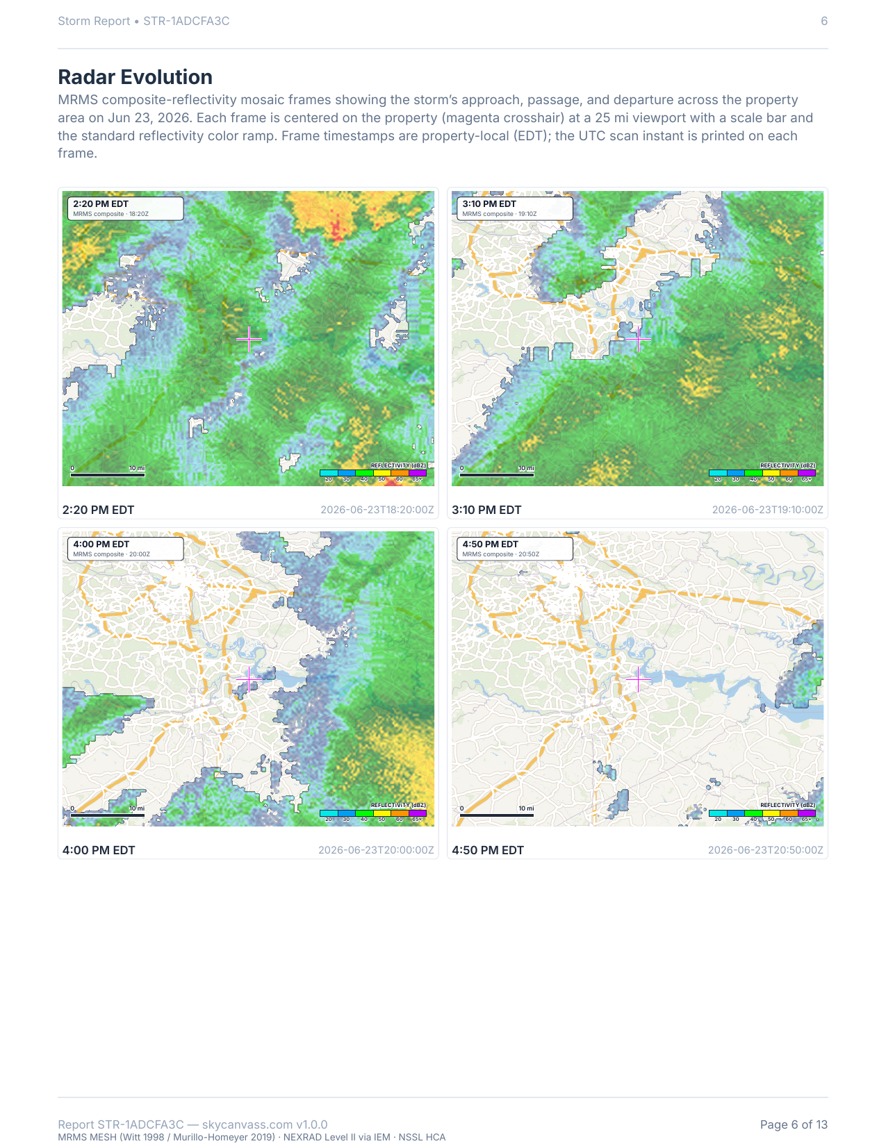 Storm report radar evolution page — four MRMS composite-reflectivity frames over a street basemap.
