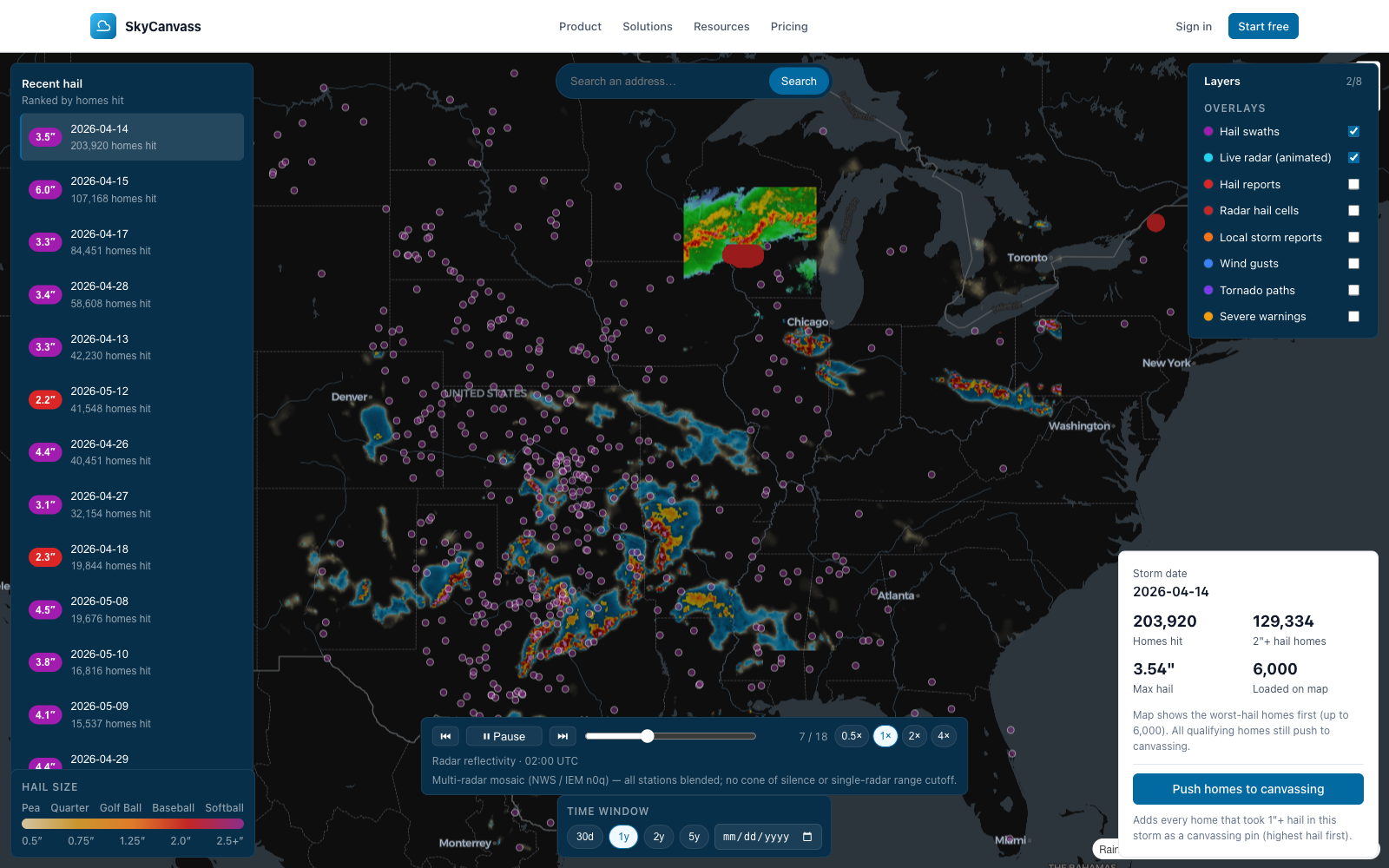 Interactive hail map with MESH swath overlay, parcel outlines, and a drawn canvassing zone on a suburban neighborhood.